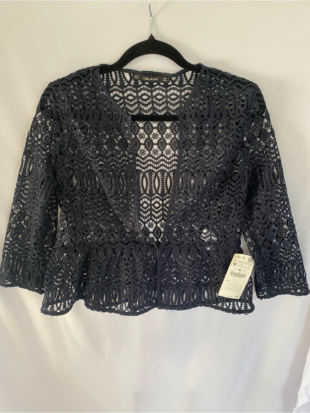 Zara Basic Black Crochet Lace Peplum Cardigan Size Medium